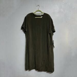 CHAUS Woman 100% Silk Olive Green Shift Dress Minimalist Short Sleeve Sz 3 NWT